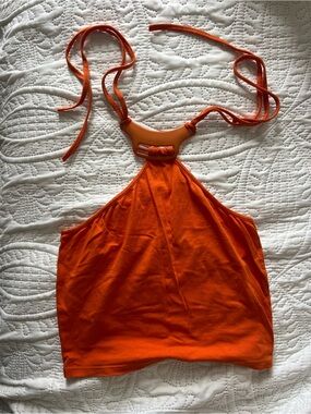 Orange Halter Tank Top with Neck Accent